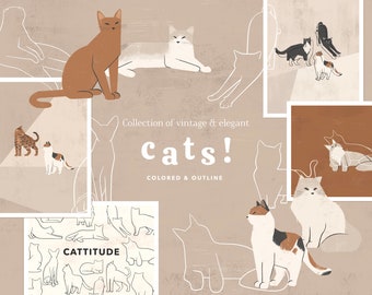Vintage cats collection, Cats clipart vector illustration, Cats outline SVG, Cute and Elegant kitty PNG, Cat lover gift, Commercial use