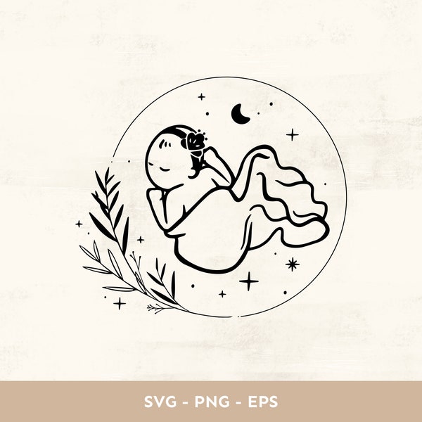 Newborn baby girl clipart SVG, line drawing baby, baby shower, nursery, magical baby and botanical vector for Cricut & Silhouette