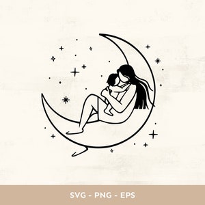 Mother and baby clipart SVG, Line drawing mom, Mothers day, Baby shower, Nursery, Motherhood, Magical Moon Vector for Cricut & Silhouette