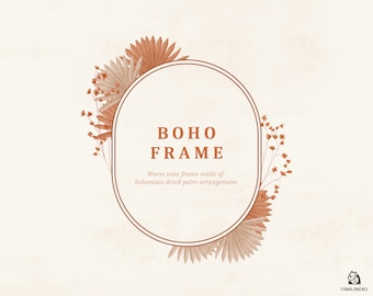 Boho Dried Palm Frame, Wedding Boho Clipart, Bohemian Pampas Clipart PNG, Commercial use, Warm Earth Tone Dried Leaves
