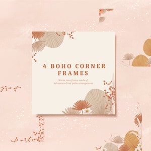 4 Boho Dried Palm Corner Frame, Wedding n 1st Birthday Boho Clipart, Bohemian Pampas PNG, Commercial use, Warm Earth Tone Dried Leaves