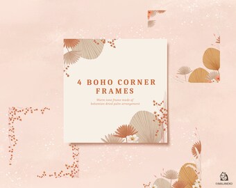 4 Boho Dried Palm Corner Frame, Wedding n 1st Birthday Boho Clipart, Bohemian Pampas PNG, Commercial use, Warm Earth Tone Dried Leaves