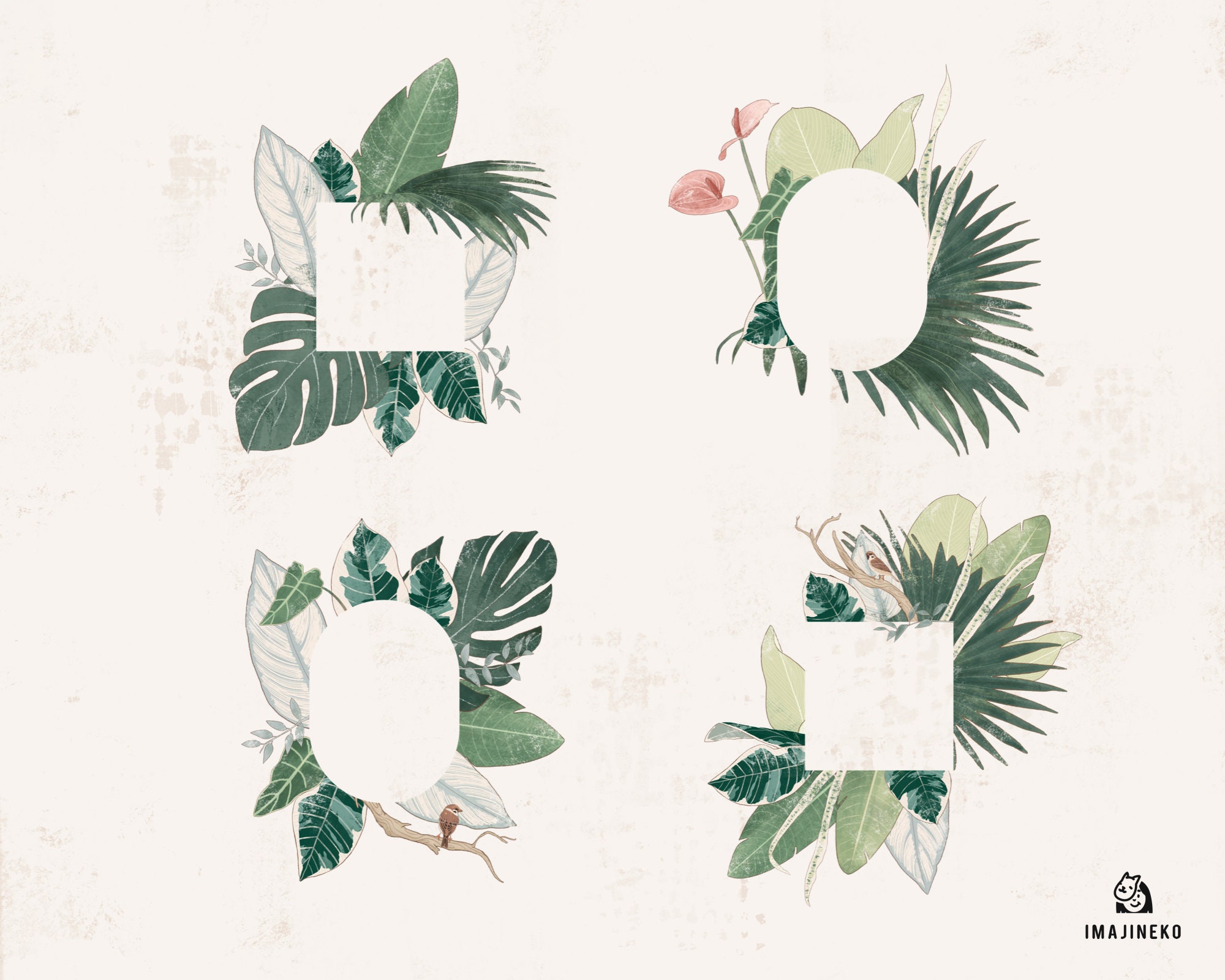 Green Tropical Frames Clipart Set, Rustic Tropical Leaves Frames PNG ...