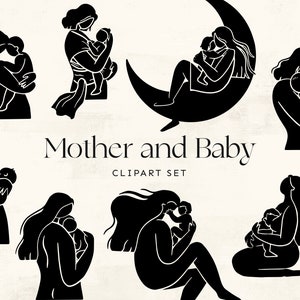 Madre y bebé clipart SVG, Huellas de madre, Mamá sosteniendo bebé, Nursery arte de pared, Día de las Madres, Bebé de lactancia, Vector de maternidad para Cricut
