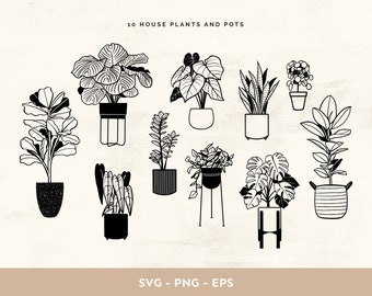 Potted house plants SVG clipart, Indoor plants vector, Monstera snakes plant, Plants line drawing, Outline plant for cricut and silhouette