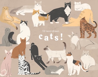 May include: A collection of 18 hand-drawn illustrations of cats in various poses and colors. The cats are depicted in a cartoon style with simple lines and shapes. The illustrations are set against a light brown background.