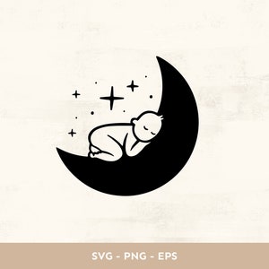 Newborn baby clipart SVG, line drawing baby, baby shower, nursery, magical baby on moon vector for Cricut & Silhouette