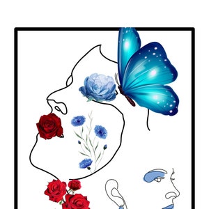 Puede incluir: Dibujo de línea de arte de la cara de una mujer con una mariposa azul en la parte superior de su cabeza. La mujer tiene rosas rojas y flores azules en la cara.