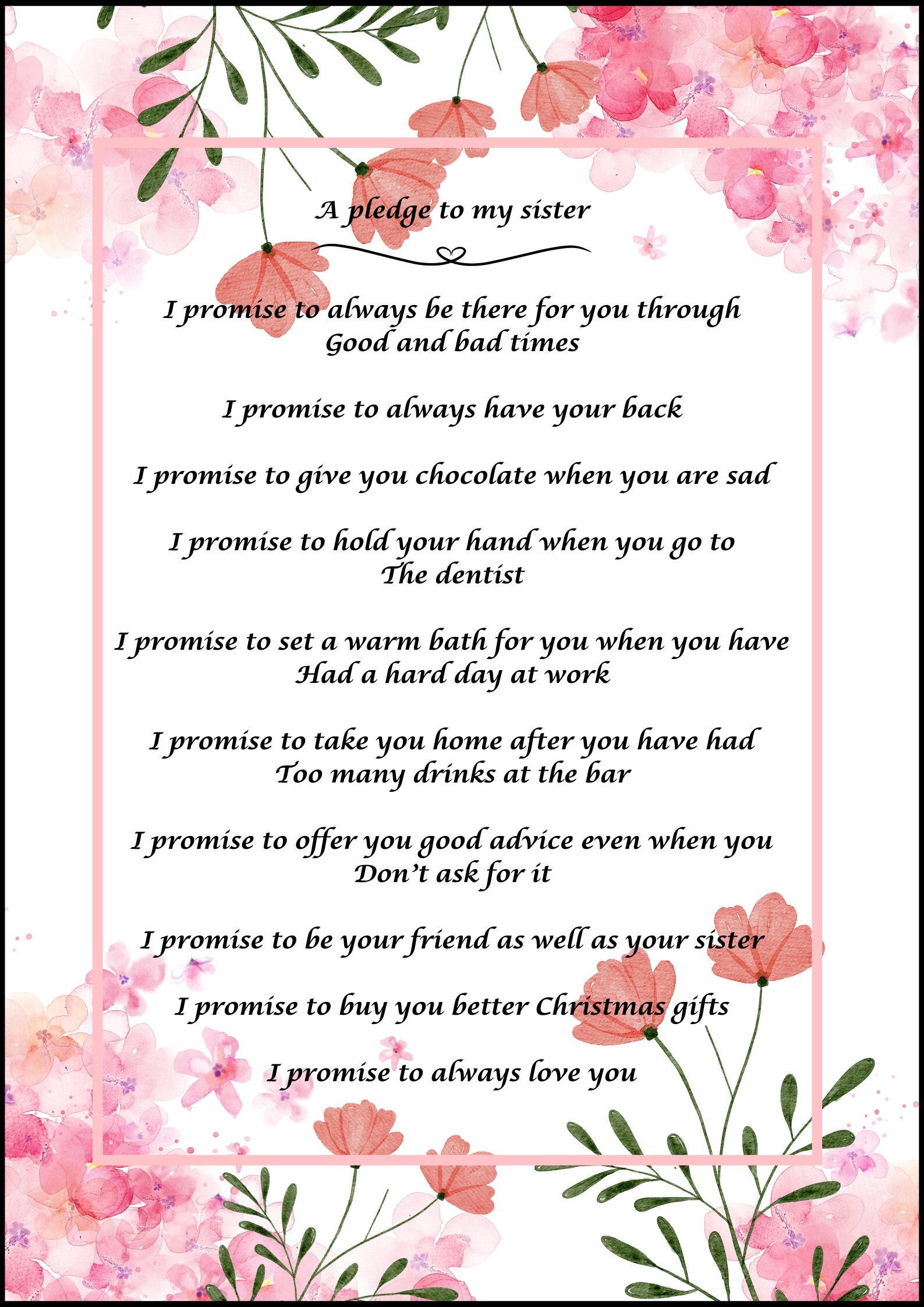 Love Pledge Print | Gift for Sister, Daughter, Mum (physical Print and  Digital Download) - Etsy, image size:1587x2245