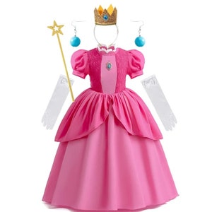 Costumi da donna Super Mario Peach Vestito rosa principessa Toadstool con  guanti, copricapo Halloween costume vestire