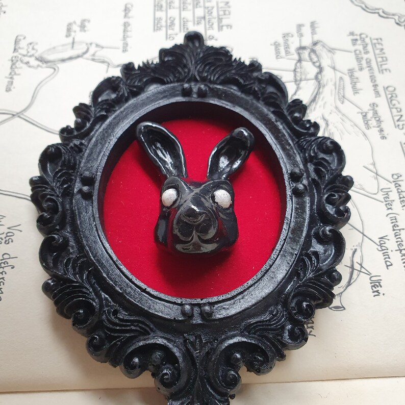 May include: A black rabbit sculpture with white eyes, framed in a black ornate frame with a red velvet background.