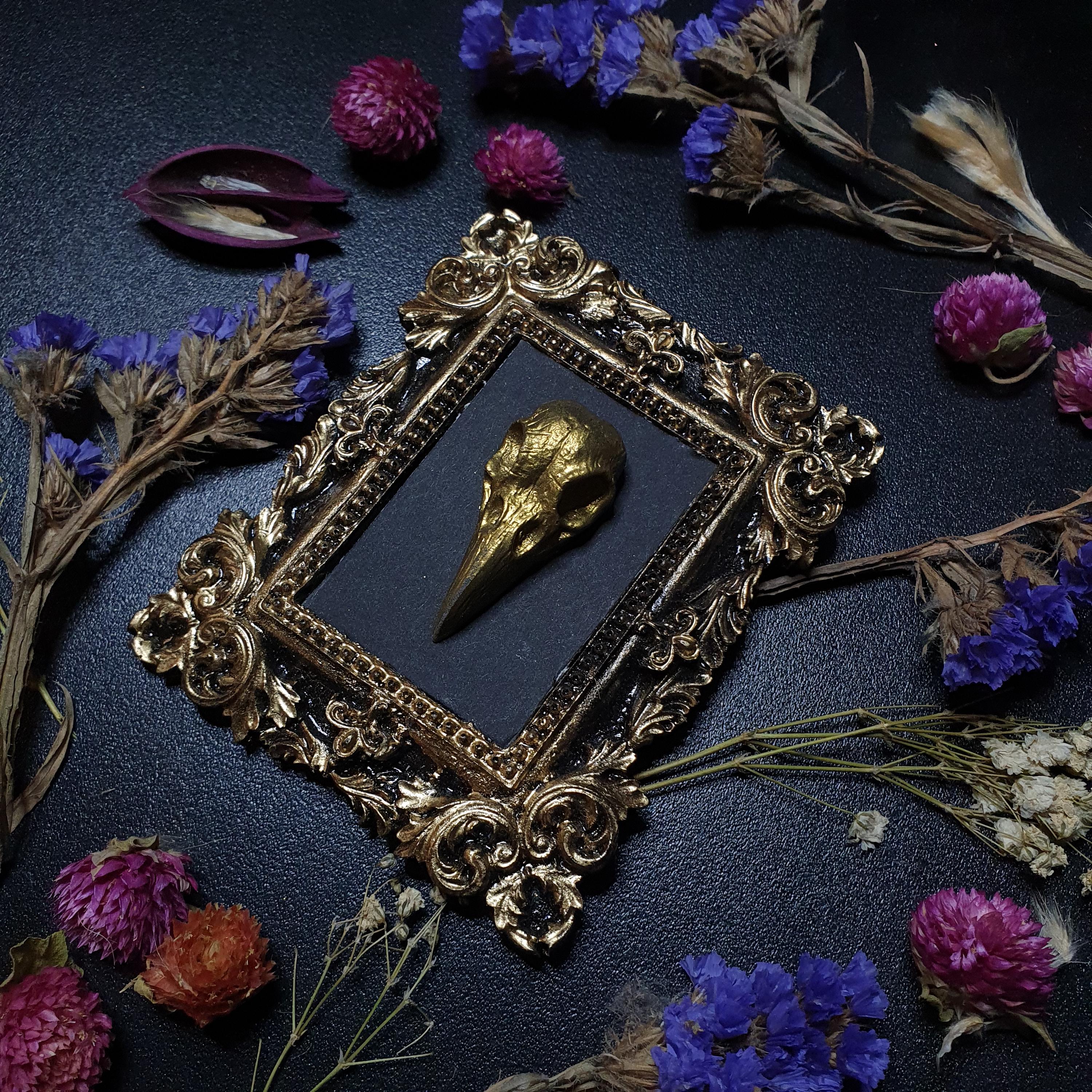 Golden Raven Crow Skull Filigree Frame, Best Friend Birthday gifts for her, Gothic Home Decor, Anatomical Wall Art, Fairycore, Cottagecore