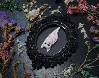 Handmade Albino Fruit Bat Wall Art, Gothic Home Decor, Round Black Frame