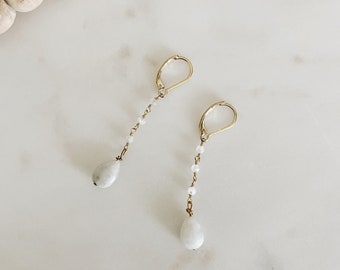 Moonstone and Jade Earrings, gemstone dangles, dainty gemstone earrings, bride earrings, bridesmaid gift, gift for her, handmade earrings