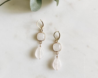 Rose Quartz Teardrop Earrings,  beaded gem earrings, lever back earrings, gift for her, pink earrings, handmade gift, bridesmaid gift