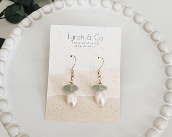 Pearl and Sea Glass Earrings, pearl drop earrings, statement earrings, baroque pearls, handmade gift, handmade earrings, bride earrings