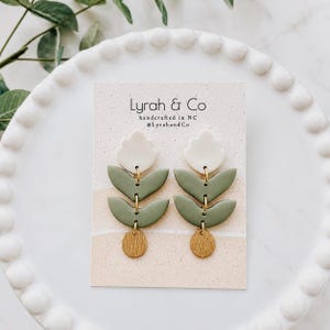 Sage and White Flower Polymer Clay Earrings / Lyrah and Co