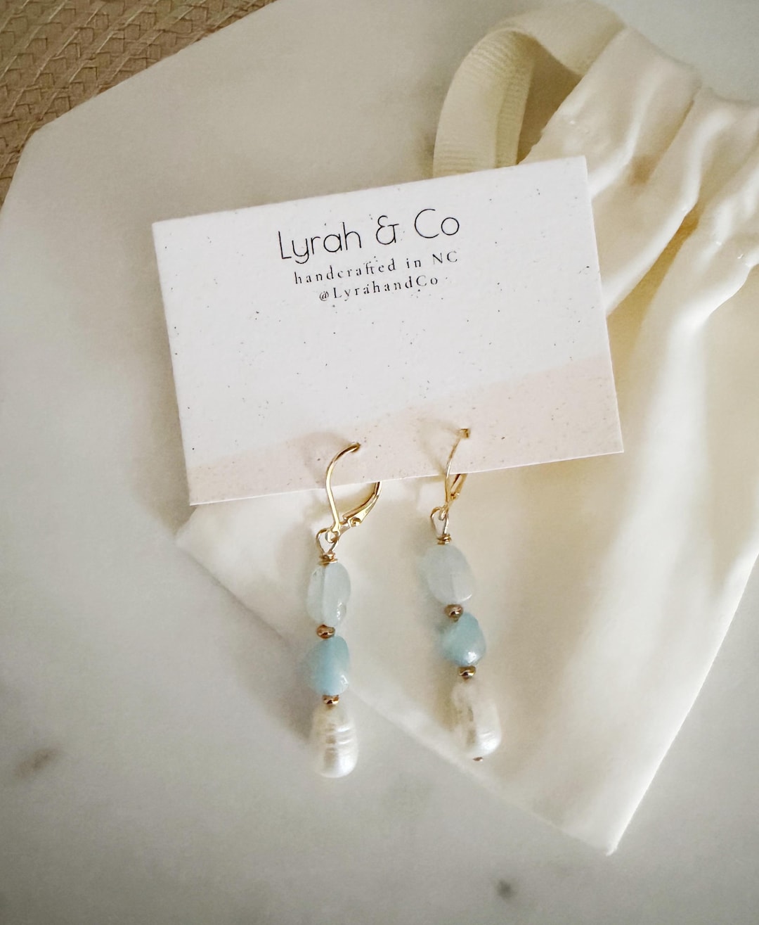 Boucles D'oreilles Aigue-marine Et Perles - Plaqué Or - Rose-Mimosa - Neuf Avec étiquettes