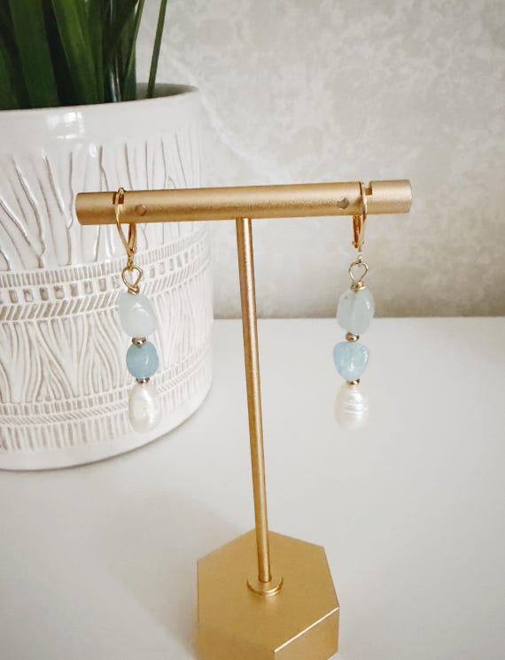 Boucles D'oreilles Aigue-marine & Perles - Plaqué Or - Rose-Mimosa - Neuf Avec étiquettes