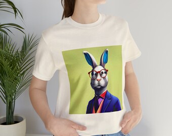 Smart Colorful Attorney Business Bunny, Smart, Intelligent, Three Piece Suit and Tie, Purple Suit, White Grey Rabbit, Wood Frame Glasses