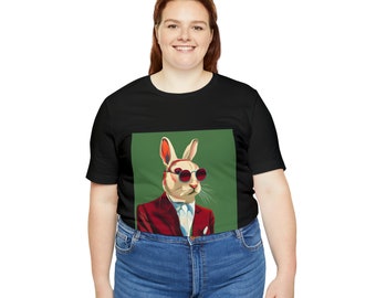 Smart Business Rabbit In A Suit and Sun Glasses, Smirk, Short ears, Beige Tan Rabbit, Red Dress Up Suit, Side eyes, Big Whiskers, Pop Collar