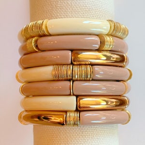NEUTRAL SUMMER SIENNA stack: Acrylic Bamboo Tube Bangle | Acrylic Bead Bracelet | Acrylic and Gold Bracelet | Bracelet Stack 8MM Tube
