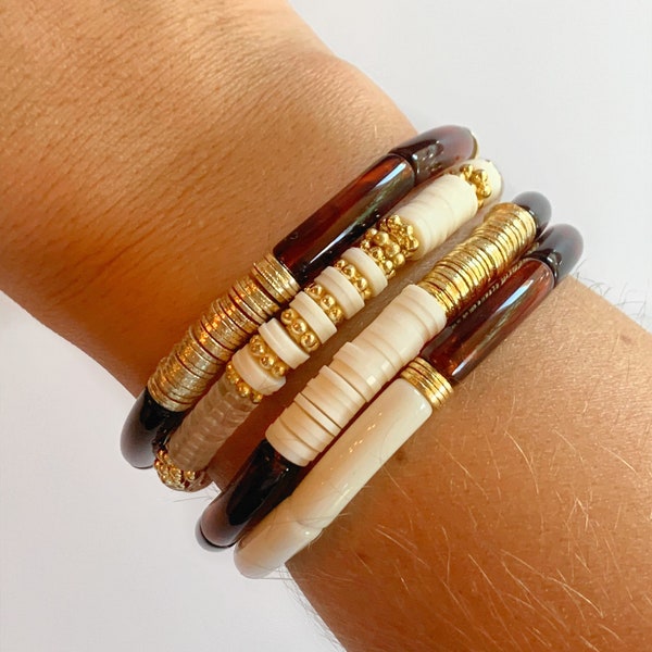 MINI TORTOISE SIENNA stack: Acrylic Bamboo Tube Bangle | Acrylic Bead Bracelet | Acrylic and Gold Bracelet | Bracelet Stack 4MM Tube