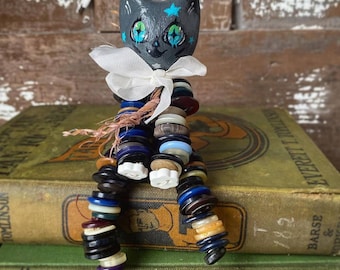 OOAK Handmade Magic Cat Kitschy Vintage Button Art Doll - Black Star
