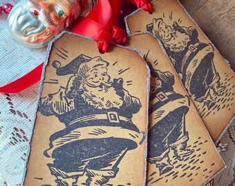 Handmade Retro Glittered Santa Christmas Gift Tags XL (Set of 6)