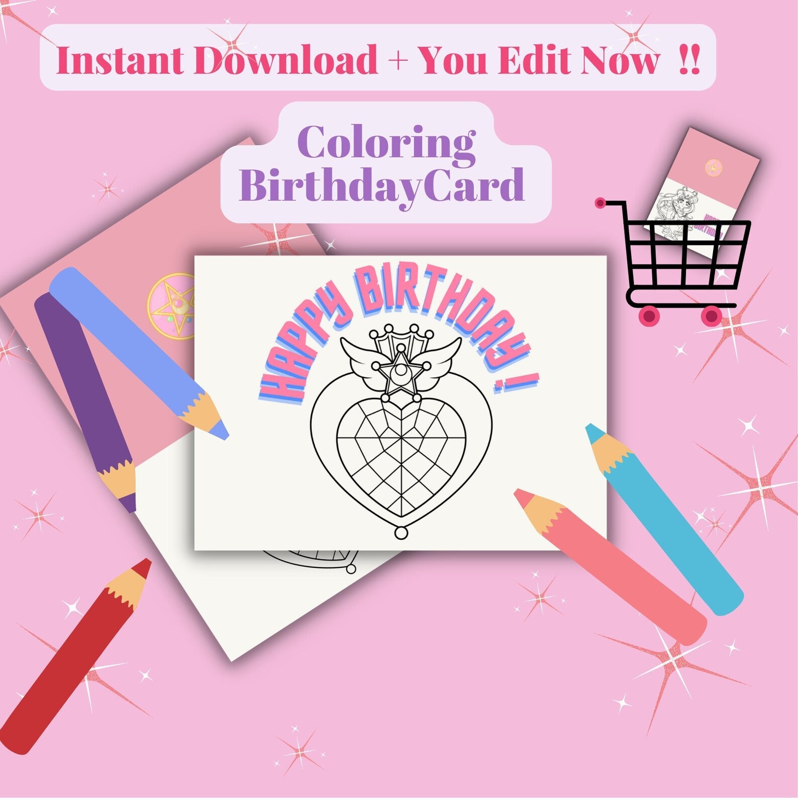 PRINTABLE Happy Birthday Coloring Card, Sailormoon Birthday Card