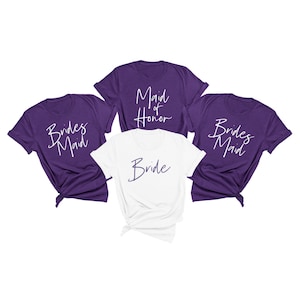 Paarse bruidsmeisje shirts, vrijgezellenfeest shirts, bruids partij shirts, bruidsmeisje voorstel geschenk, vrijgezellen T-shirts, bruiloft partij tees