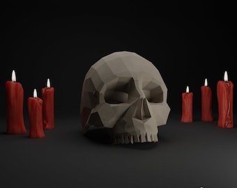 Spooky Skull Papercraft Sculpture | DIY 3D Low Poly Printable Skeleton Decorations | Downloadable PDF Template Kit | Scary October Fall Gift