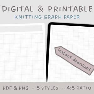 Peut inclure: Papier graphique de tricot numérique et imprimable avec un motif quadrillé. L'image comprend le texte "téléchargement instantané" et "PDF & PNG - 8 styles - 4:5 ratio". Le papier est conçu pour les projets de tricot.