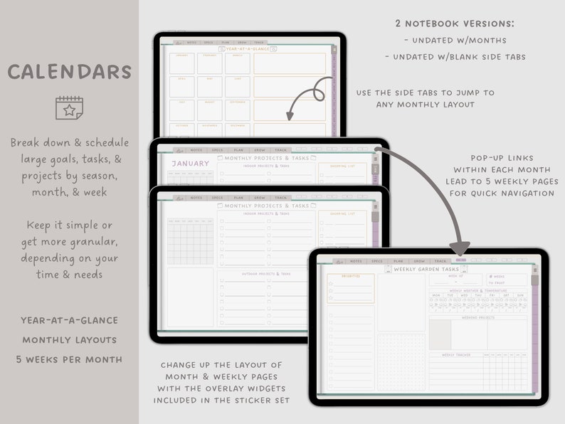 Undated Sunday start monthly & weekly sections to schedule gardening tasks in a digital planner