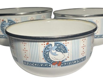 Vintage B&D Geese Enamel Metal Nesting Mixing Bowls Lot Of 3 Kitchen white blue