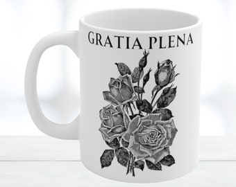 Gratia Plena Catholic Coffee Mug, Floral Religious Gift
