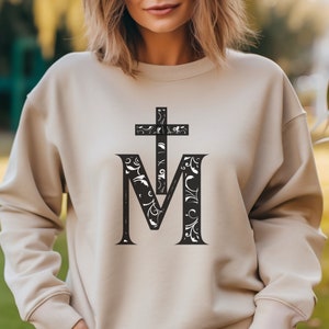 Marian Cross Sweatshirt | Blessed Mother Crewneck | Catholic Gifts | Virgin Mary Devotion
