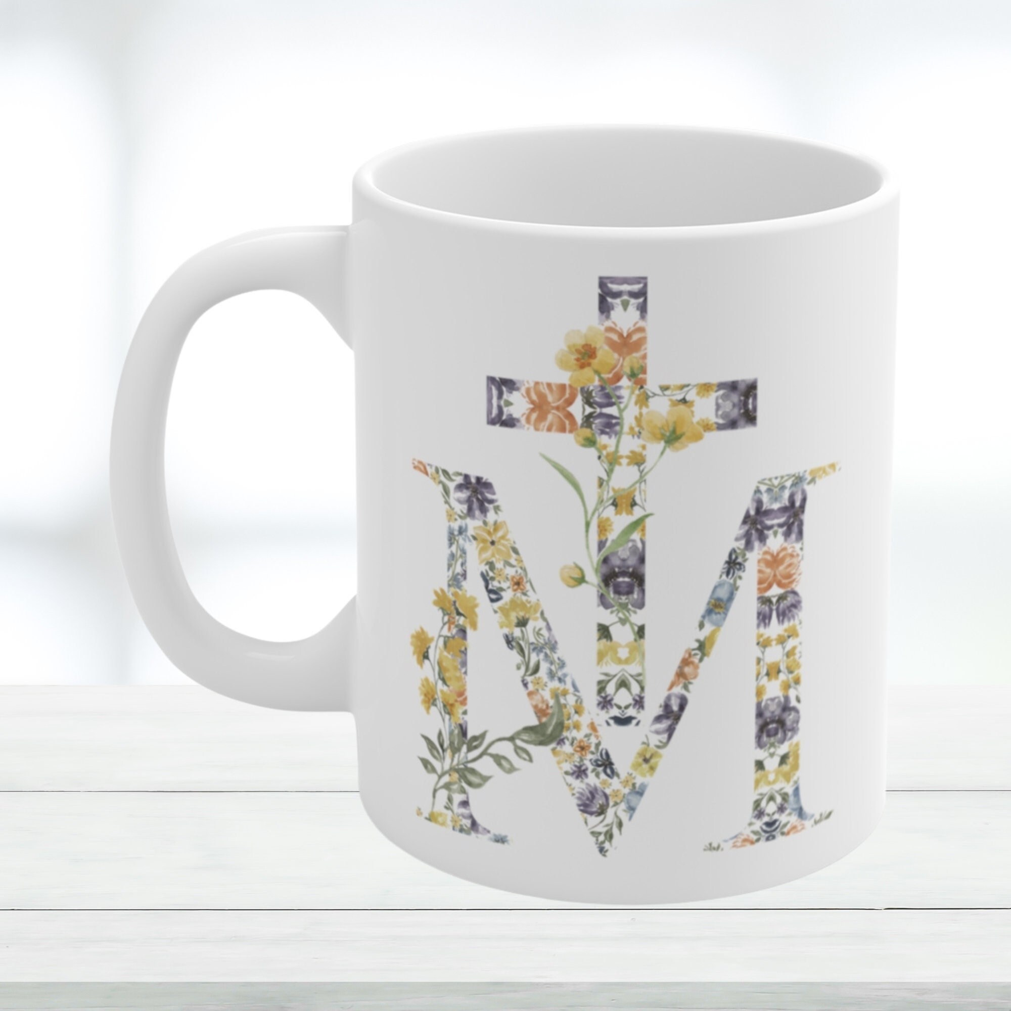 Floral Miraculous Medal Coffee Mug | Catholic Gifts | Virgin Mary Mug | Blessed Mother Gift | Catholic Mug