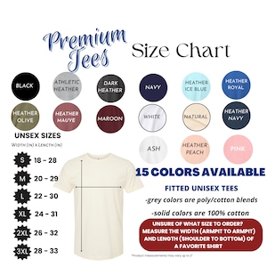 K&ouml;nnte beinhalten: Unisex-Gr&ouml;&szlig;entabelle f&uuml;r T-Shirts in 15 Farben. Die Tabelle zeigt die Breite und L&auml;nge in Zoll f&uuml;r die Gr&ouml;&szlig;en S bis 3XL. Die Farben umfassen Schwarz, Oliv meliert, Mauve meliert, Rotbraun, Wei&szlig;, Natur, Marine meliert, Athletik meliert, Dunkel meliert, Marine, Eisblau meliert, Royal meliert, Asche, Pfirsich meliert und Rosa.