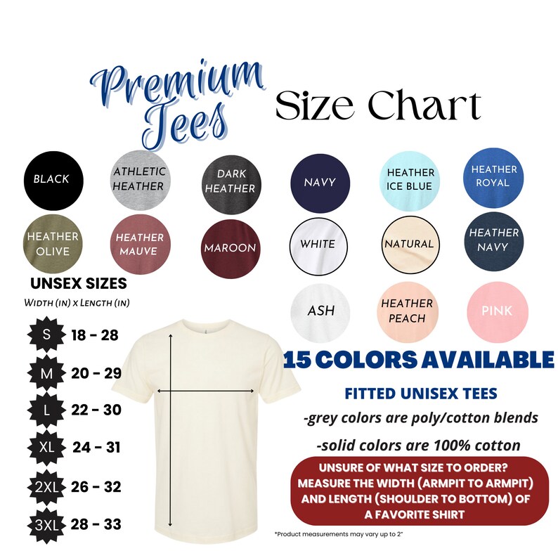 K&ouml;nnte beinhalten: Unisex-Gr&ouml;&szlig;entabelle f&uuml;r T-Shirts in 15 Farben. Die Tabelle zeigt die Breite und L&auml;nge in Zoll f&uuml;r die Gr&ouml;&szlig;en S bis 3XL. Die Farben umfassen Schwarz, Oliv meliert, Mauve meliert, Rotbraun, Wei&szlig;, Natur, Marine meliert, Athletik meliert, Dunkel meliert, Marine, Eisblau meliert, Royal meliert, Asche, Pfirsich meliert und Rosa.