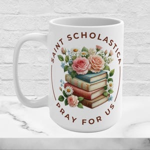 Saint Scholastica Pray For Us Mug 15oz, Patron Saint of Education, Benedictine Nuns Cup, Religious Gift, Catholic Devotional Drinkware