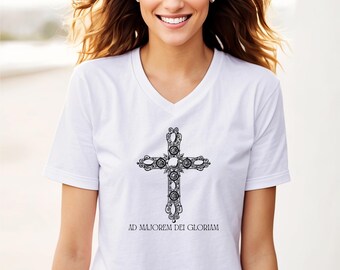 Ad Majorem Dei Gloriam V-Neck Shirt, Catholic Women’s Tee, AMDG Shirt