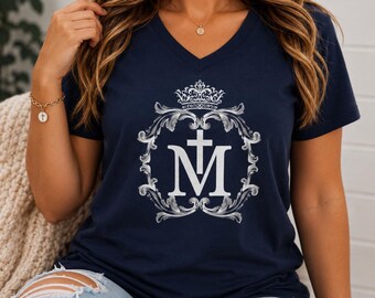 Marian Cross V-Neck Shirt, Catholic Faith Apparel, Blessed Mother Devotion Tee