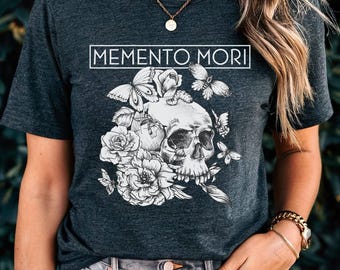 Memento Mori &quot;Remember Your Death&quot; In Latin | Catholic Gifts | Faith Based Apparel | Catholic Skull T Shirts | Womens Catholic Tees