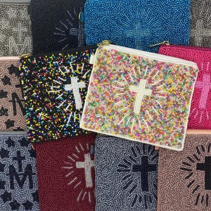 Pochette perlée chrétienne | Porte-monnaie croix catholique | Croix mariale | Pochette à glissière Faith | Support pour eau bénite | Cadeaux pour les chrétiens catholiques