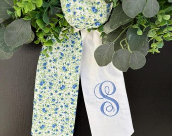 Floral Wreath Sash | Embroidered Blue and Green Wreath Sash | Embroidered Flower Wreath Scarf | Monogram Floral Wreath Sash