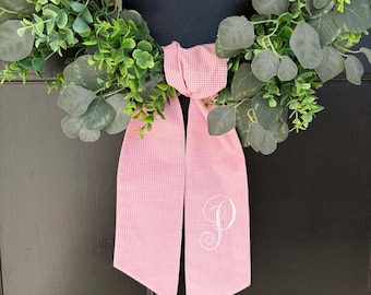 Pink Gingham Wreath Sash | Embroidered Pink Wreath Sash | Embroidered Valentine's Day Wreath Scarf | Monogram Pink and White Wreath Sash