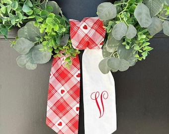 Valentine's Wreath Sash | Embroidered Heart Wreath Sash | Embroidered Valentine's Day Wreath Scarf | Monogram Red Heart Wreath Sash