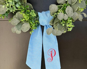 Memorial Day Wreath Sash | Embroidered Blue Plaid Wreath Sash | Embroidered American Wreath Scarf | Monogram Blue and Red Plaid Wreath Sash