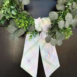 Easter Plaid Wreath Sash | Embroidered Pastel Plaid Wreath Sash | Embroidered Easter Wreath Scarf | Monogram Spring Plaid Wreath Sash